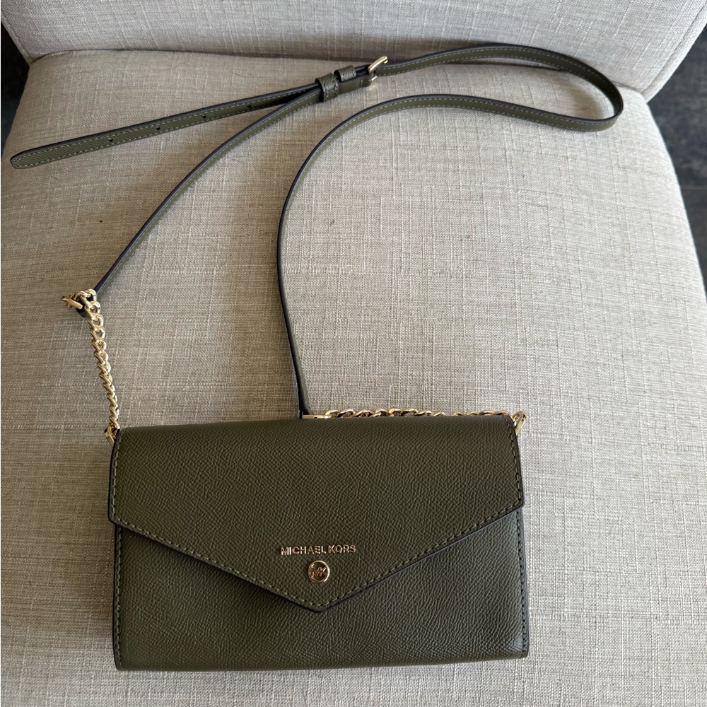 Michael Kors Olive Crossbody Envelope Wallet with Gold Chain